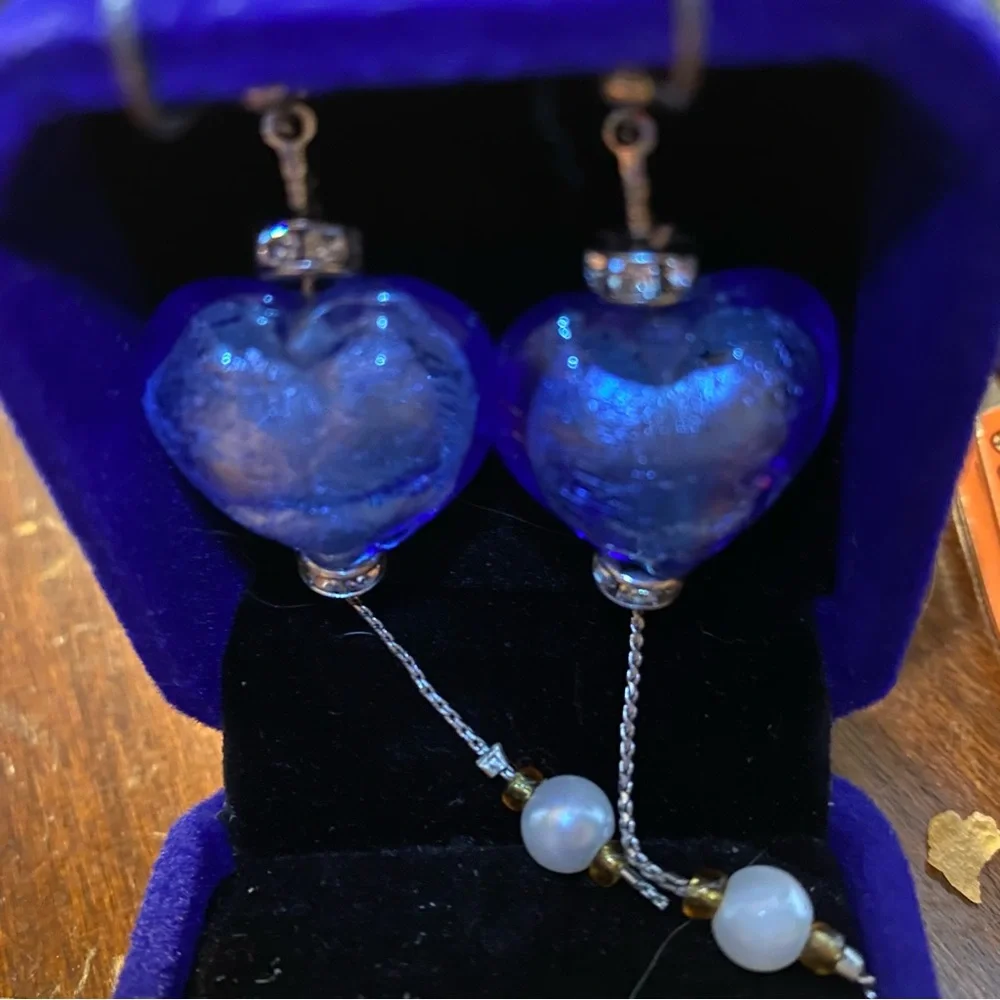 Blue Glass Handblown Italian Murano Glass Heart Earrings - Picture 6 of 6